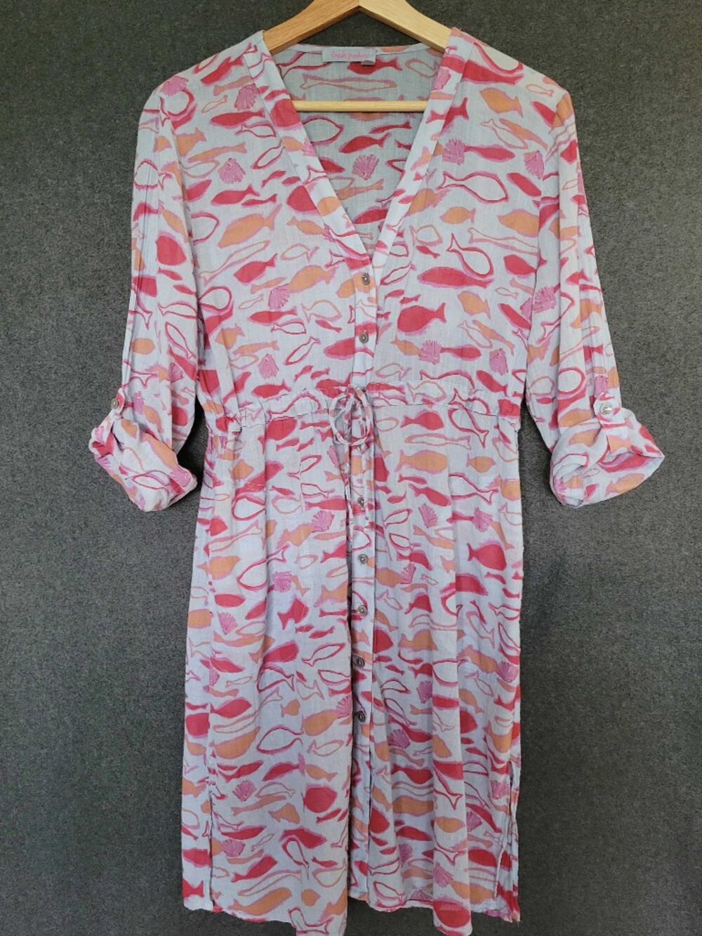 Fresh Produce Cotton Fish Print Shirt Dress Cover Up Buttoned Up Made in USA M/L